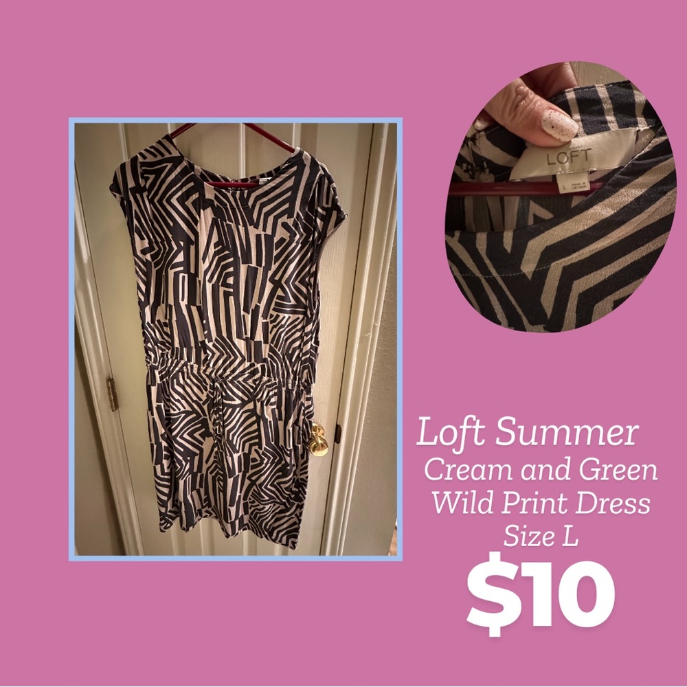 Loft Wild Print Dress - Cream and Olive Green